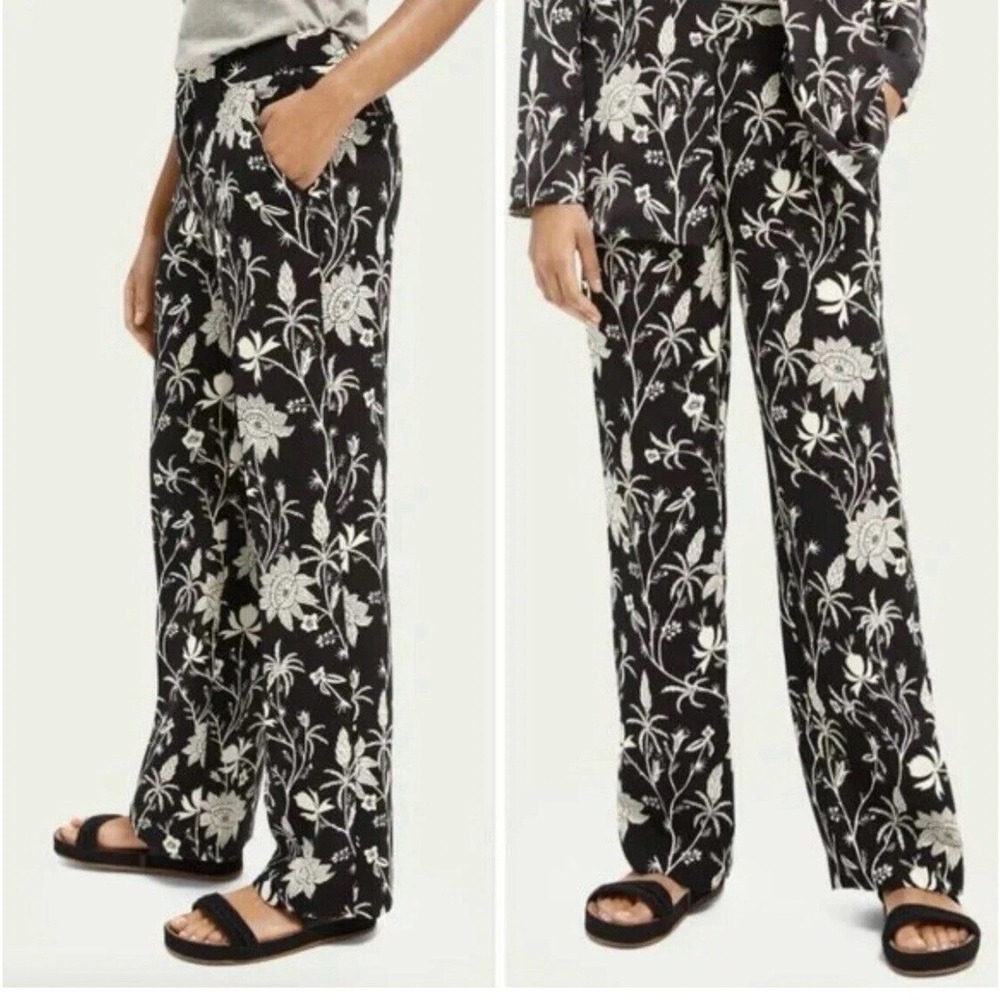 SCOTCH & SODA Womens Floral Print Pants Size XS Black White Straight Leg Pockets